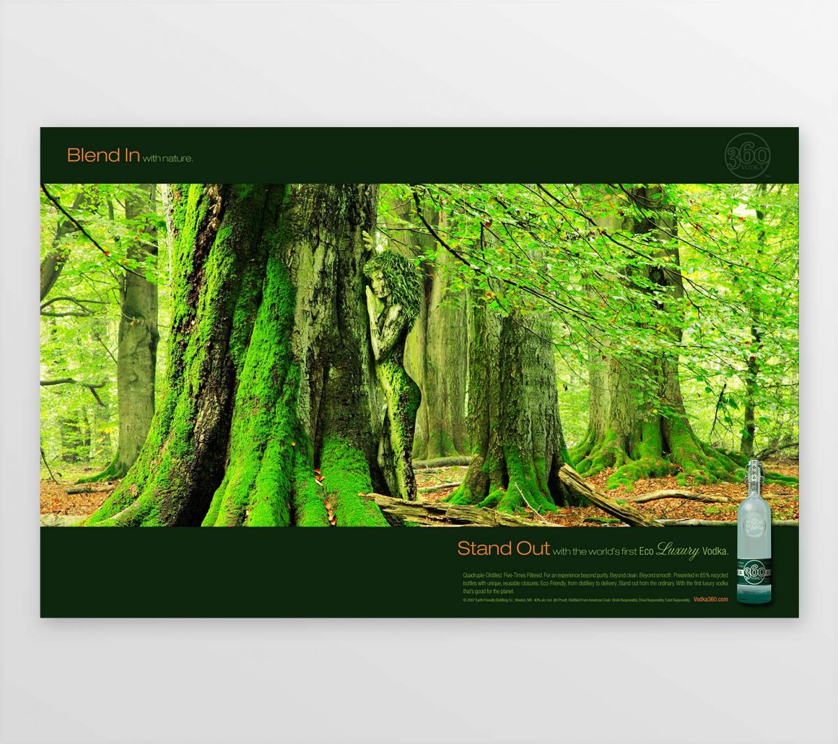 360 Vodka Blend In/Stand Out print campaign - image of moss covered woman blending in to a forest scene