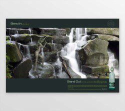360 Vodka Blend In/Stand Out print campaign - image of stone woman blending in to waterfall