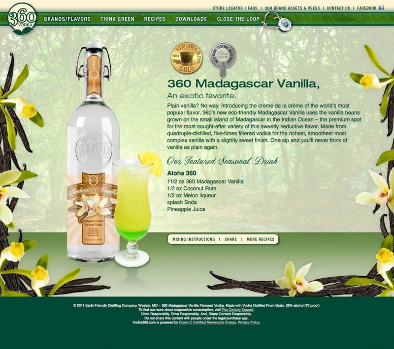 360 Vodka Website development showing the Aloha 360 recipe page from the 360 Vodka website