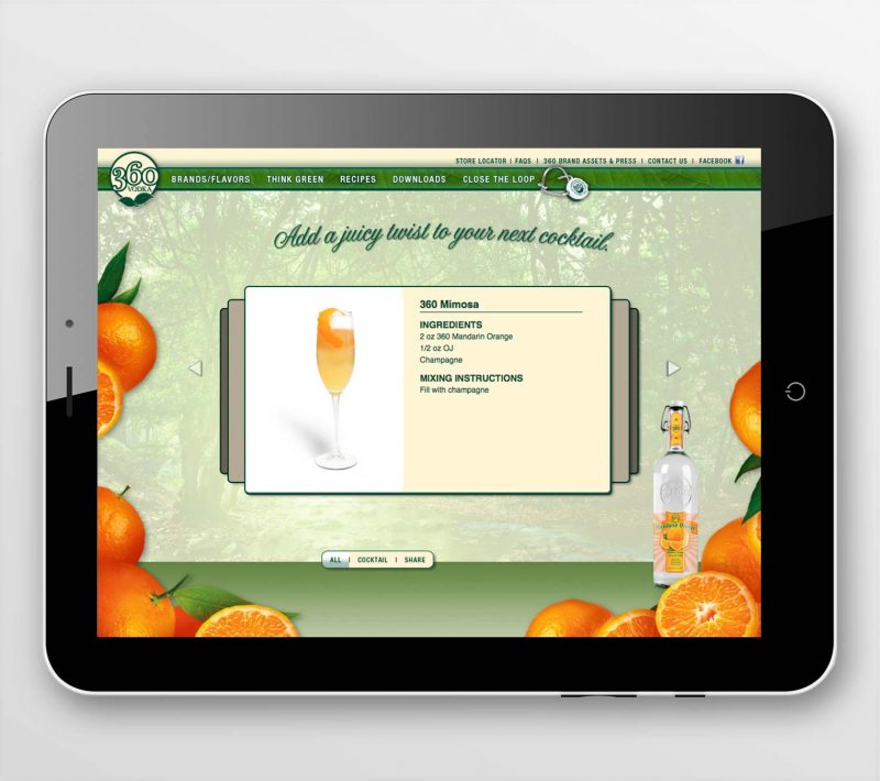360 Vodka Website development showing a page from the Recipes section on a tablet computer