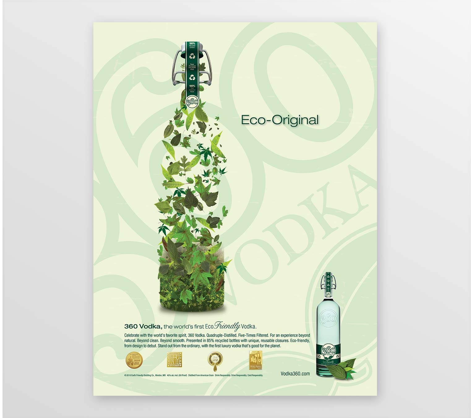 360 Vodka print advertising showing a bottle made out of leaves