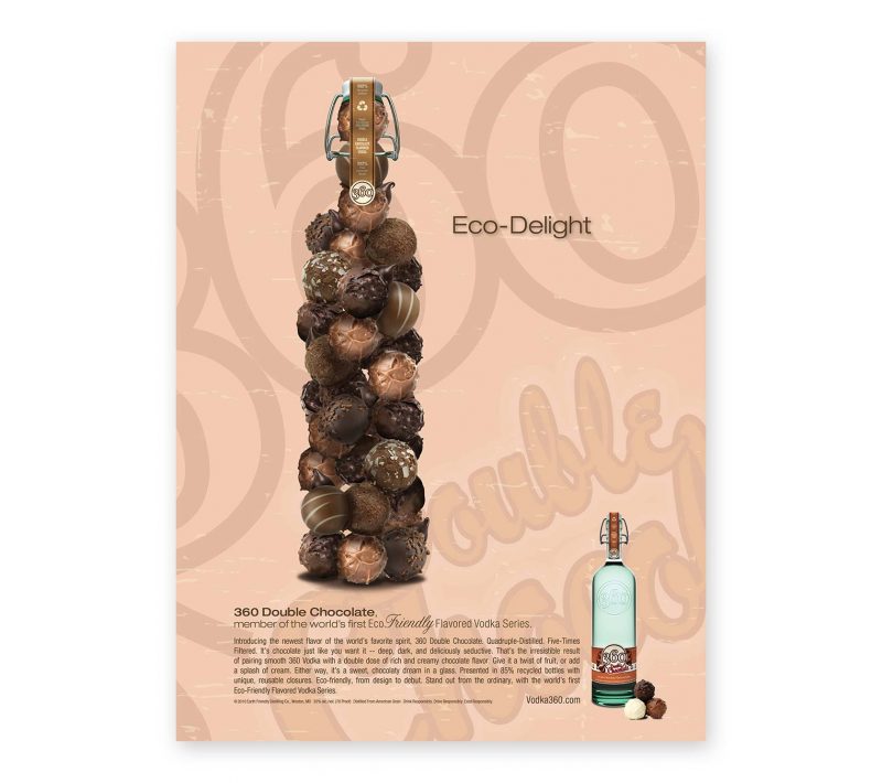 360 Double Chocolate Vodka print advertising showing a bottle made out of chocolates