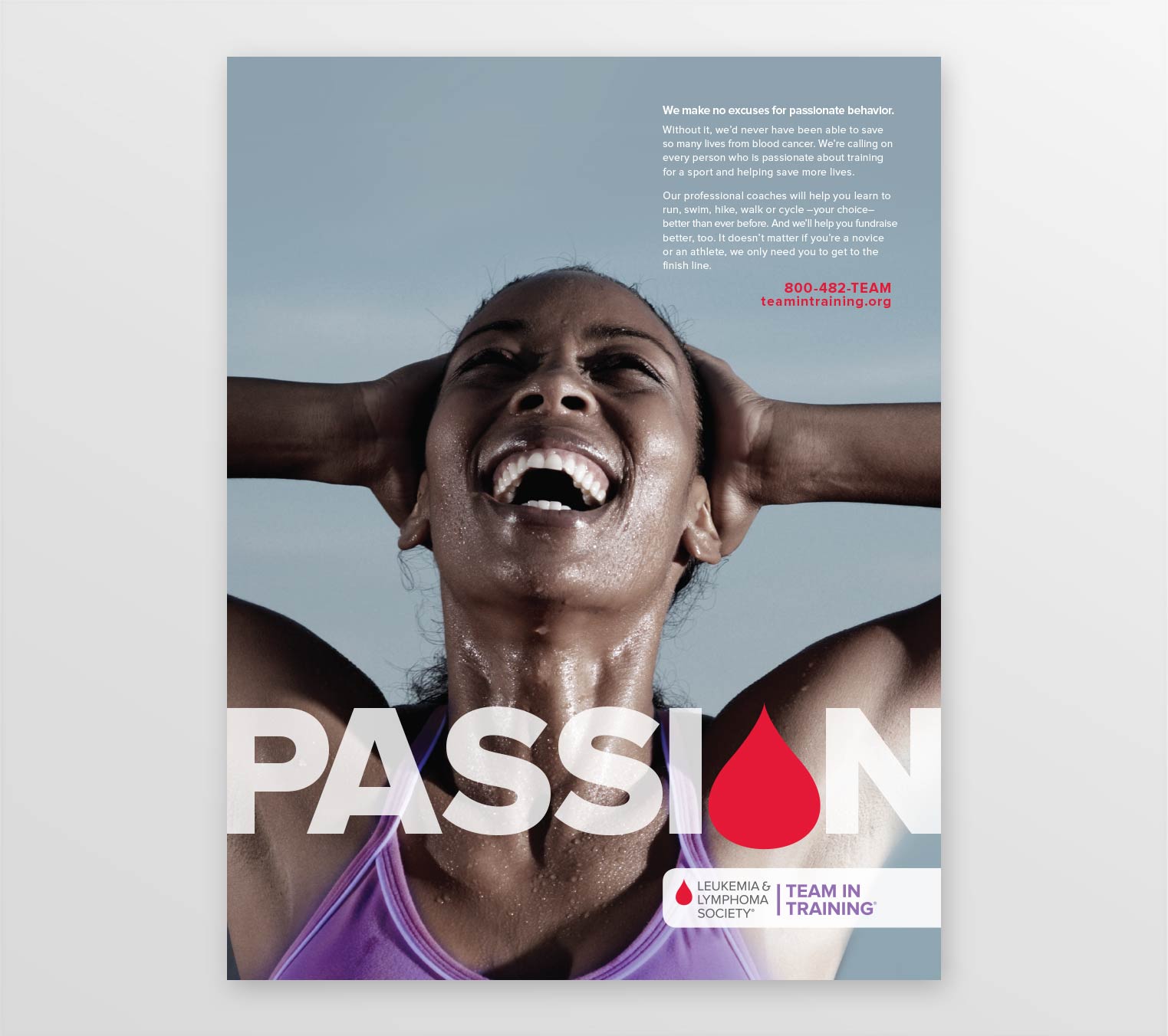 Leukemia Lymphoma Society Team In Training print advertising featuring young female runner happy after a long run