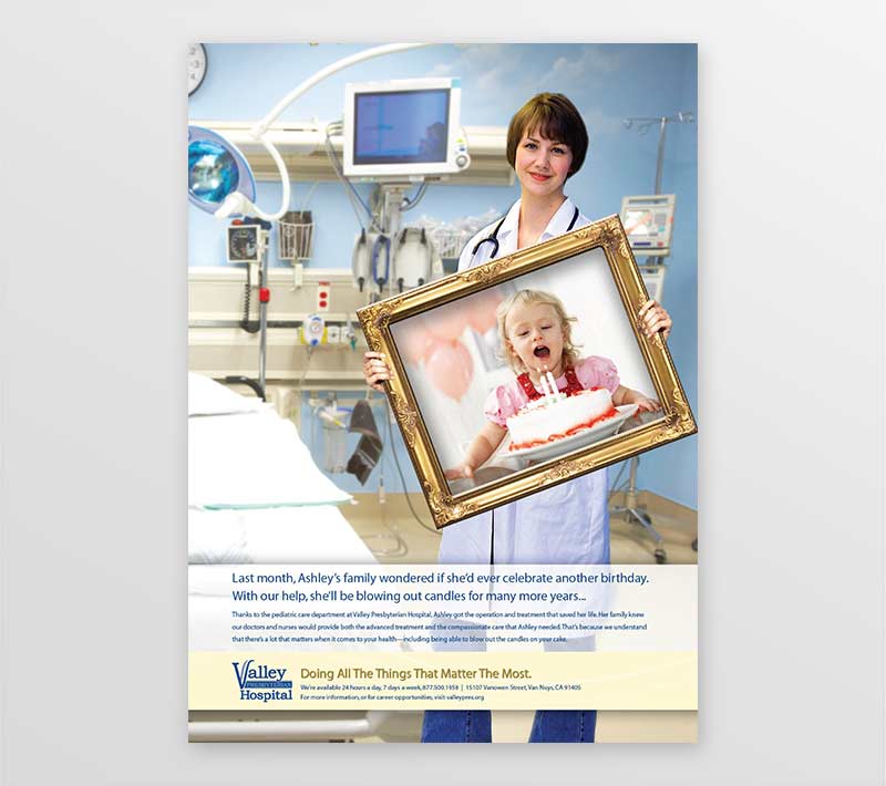 Valley Presbyterian Hospital print ad featuring image of a female doctor holding a framed photo of the patient that they helped heal