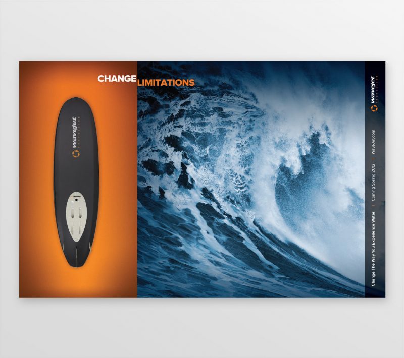 Wavejet print advertising - Jet powered surfboard on orange background next to photo of killer wave with headline: Change Limitations