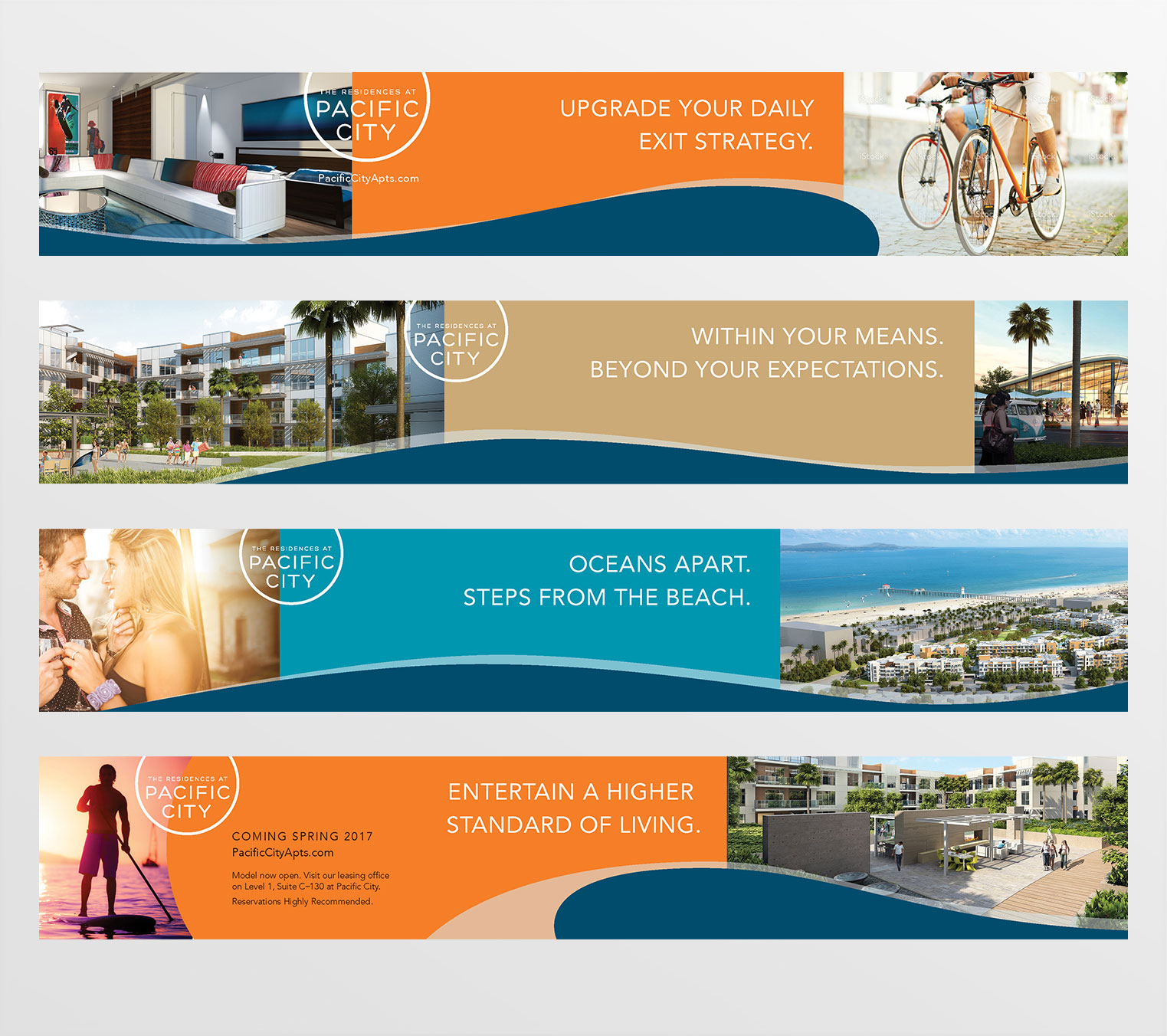 Sections of the OOH marketing fence around the Residences at Pacific City construction site, using Lifestyle photos and copy such as 