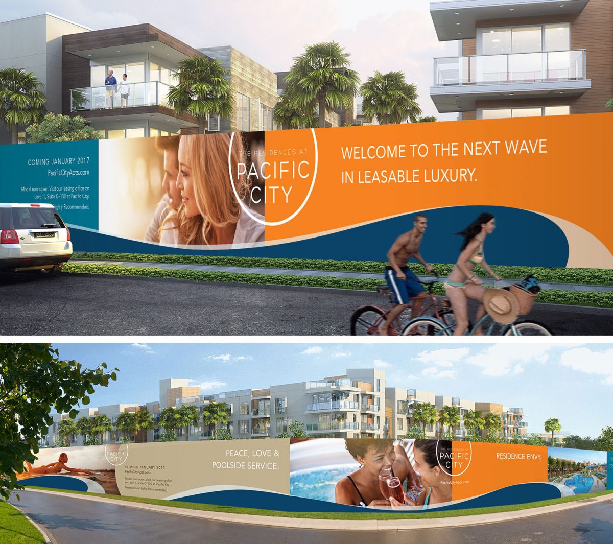 Rendering of OOH Marketing Fence around the Residences at Pacific City construction site, using Lifestyle photos, bright colors and playful copy