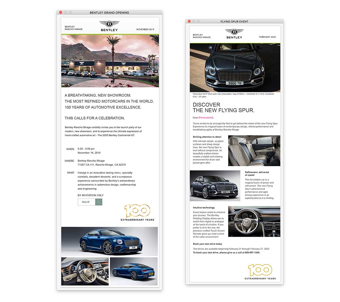 Bentley Rancho Mirage HTML emails developed for 100 year celebration event