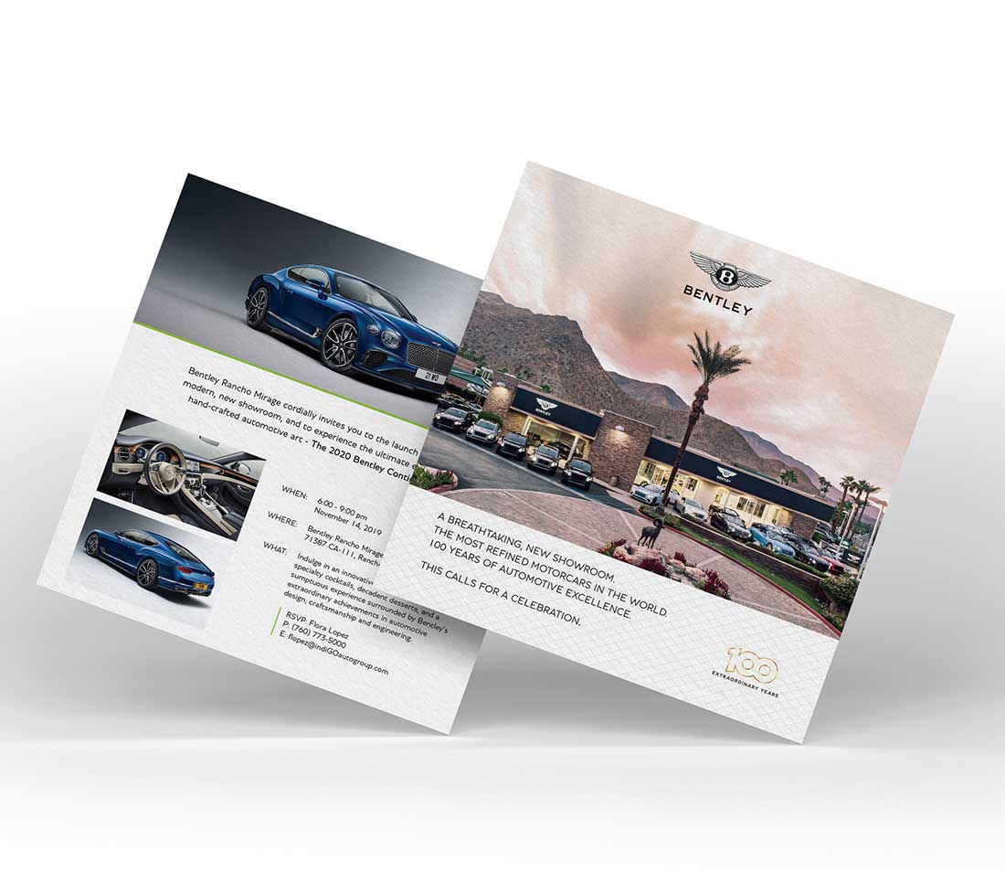 Bentley Rancho Mirage Printed Invitation, front cover features sunset photo of dealership