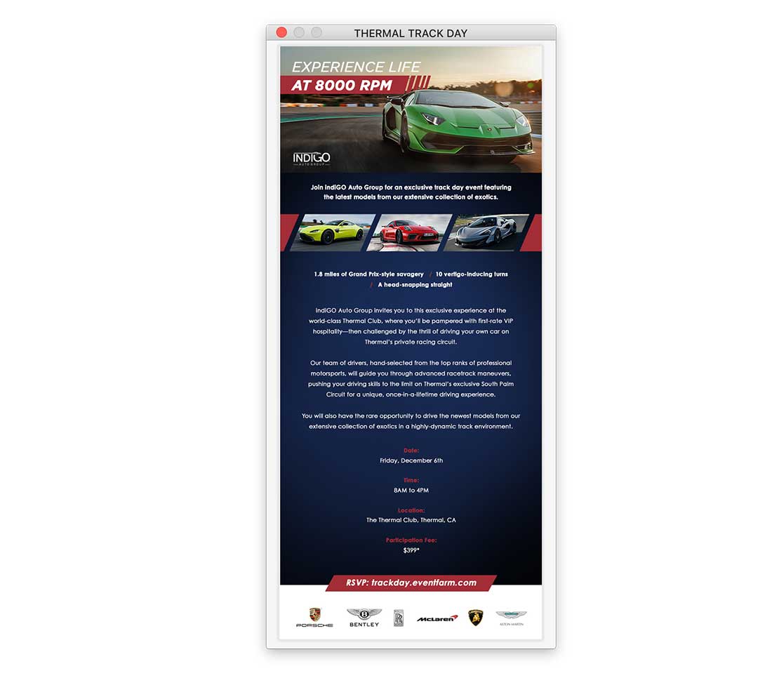Indigo Auto Group Thermal Track Day HTML email Invite featuring Lamborghini, McLaren, Bentley, Porsche and Aston Martin