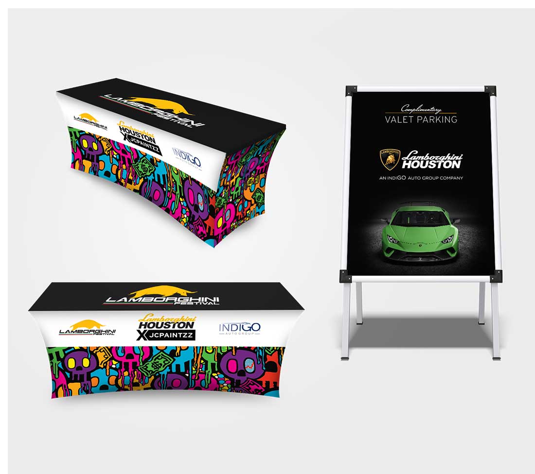 Lamborghini North Houston event/tradeshow elements: A-frame sign and table graphics