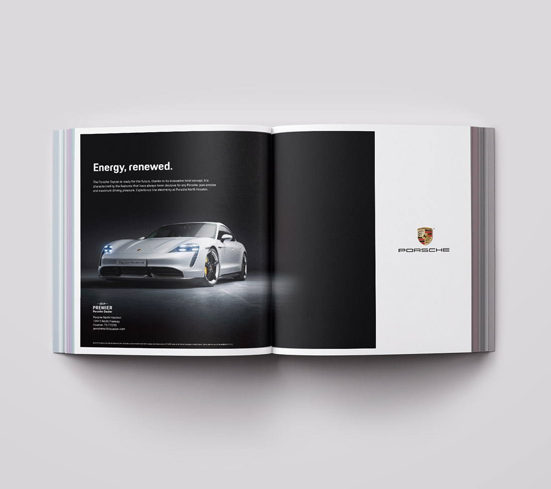 Porsche Palm Springs Taycan print ad - featuring a dramatic studio shot with headline Energy, renewed.