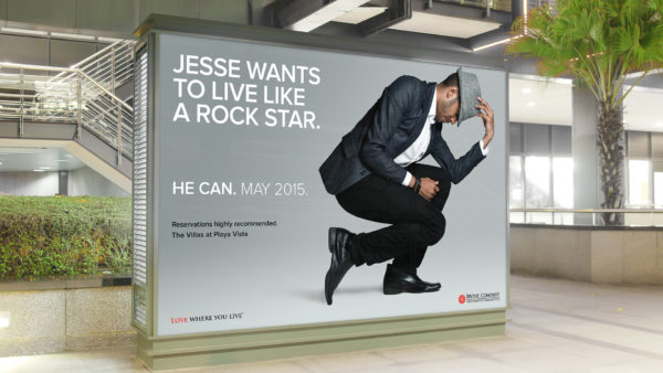 OOH Marketing Campaign for The Villas at Playa Vista featuring a young man in a dance pose wearing a suit