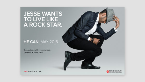 Teaser Marketing Campaign for The Villas at Playa Vista featuring a young man in a dance pose wearing a suit