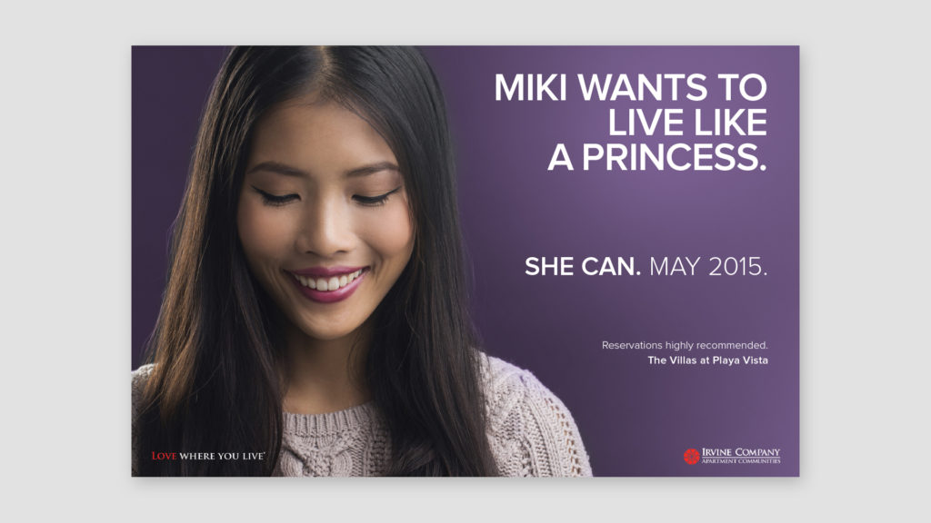 Teaser Marketing Campaign for The Villas at Playa Vista featuring a happy young asian woman looking down