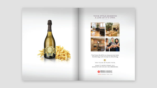 "Style" Double Page Print Ad Campaign for The Villas at Playa Vista featuring Champaign Bottle and French Fries