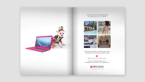 "Style" Double Page Print Ad Campaign for The Villas at Playa Vista featuring a dog in a flower suit