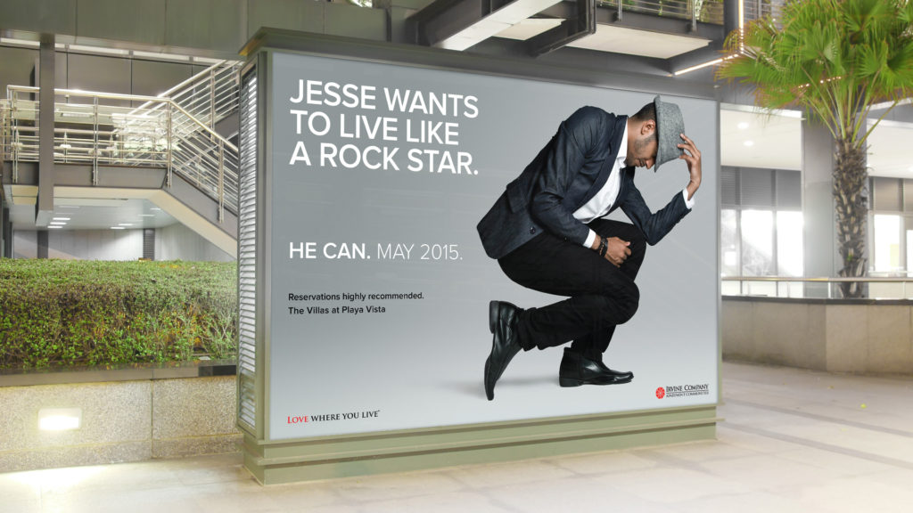 Out-of-Home Campaign for The Villas at Playa Vista featuring a young man in a dance pose wearing a suit