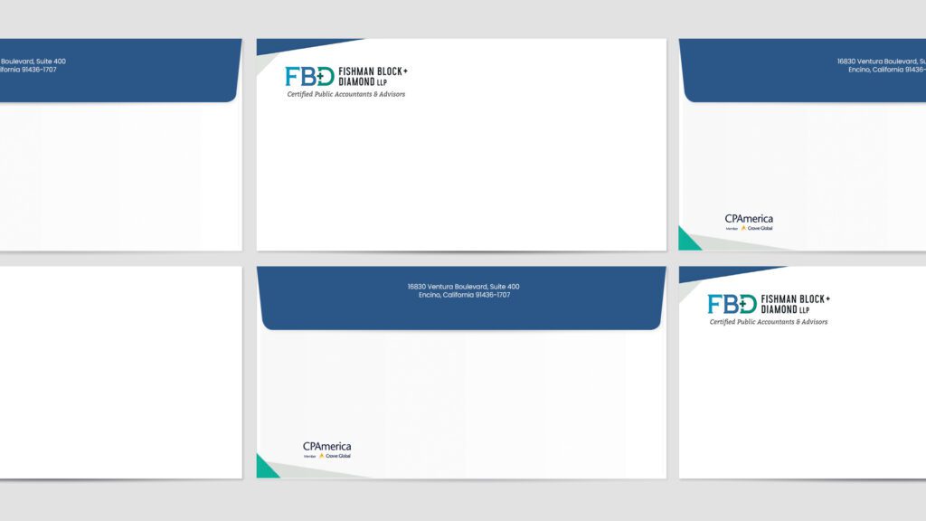 A collection of six white envelopes featuring blue and green elements. Each envelope displays the FBD CPA firm's logo, address, and the text "Certified Public Accountants & Advisors." The top left corner of each envelope has a blue accent.