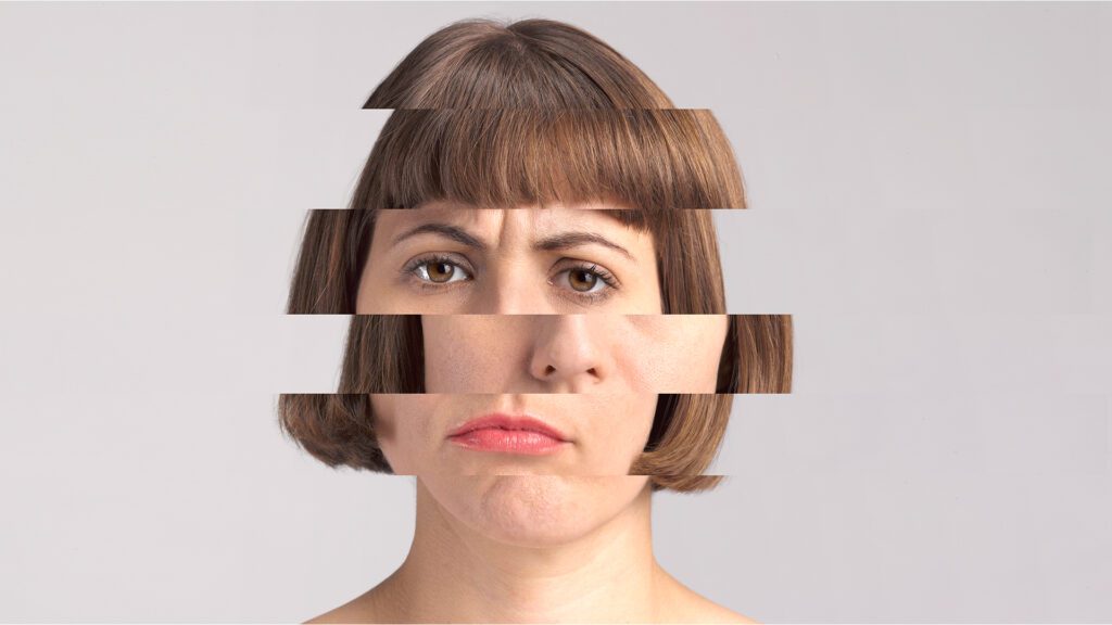 A woman's face with straight brown hair is segmented into horizontal strips, rearranged out of order. Her expression shows slightly furrowed brows and a neutral mouth. The background is a plain light gray.