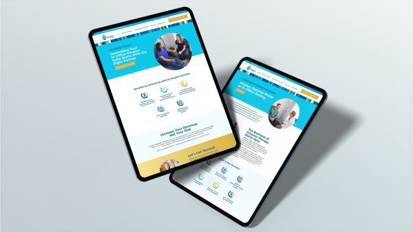 Two tablets displaying a website with a clean design. Both screens showcase sections about increasing confidence in social outcomes, with text, circular icons, and images of people interacting. The background is light gray, giving a modern look.