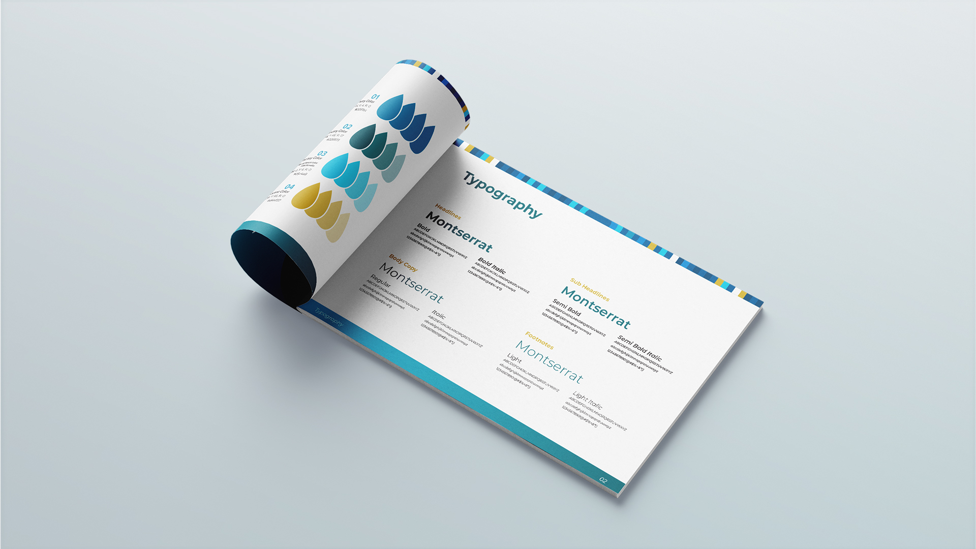 Open booklet displaying a typography guide. Left page shows color palette samples, and the right page outlines font styles with the word "Montserrat" in different weights and sizes. Both pages have a clean design with blue and yellow accents.