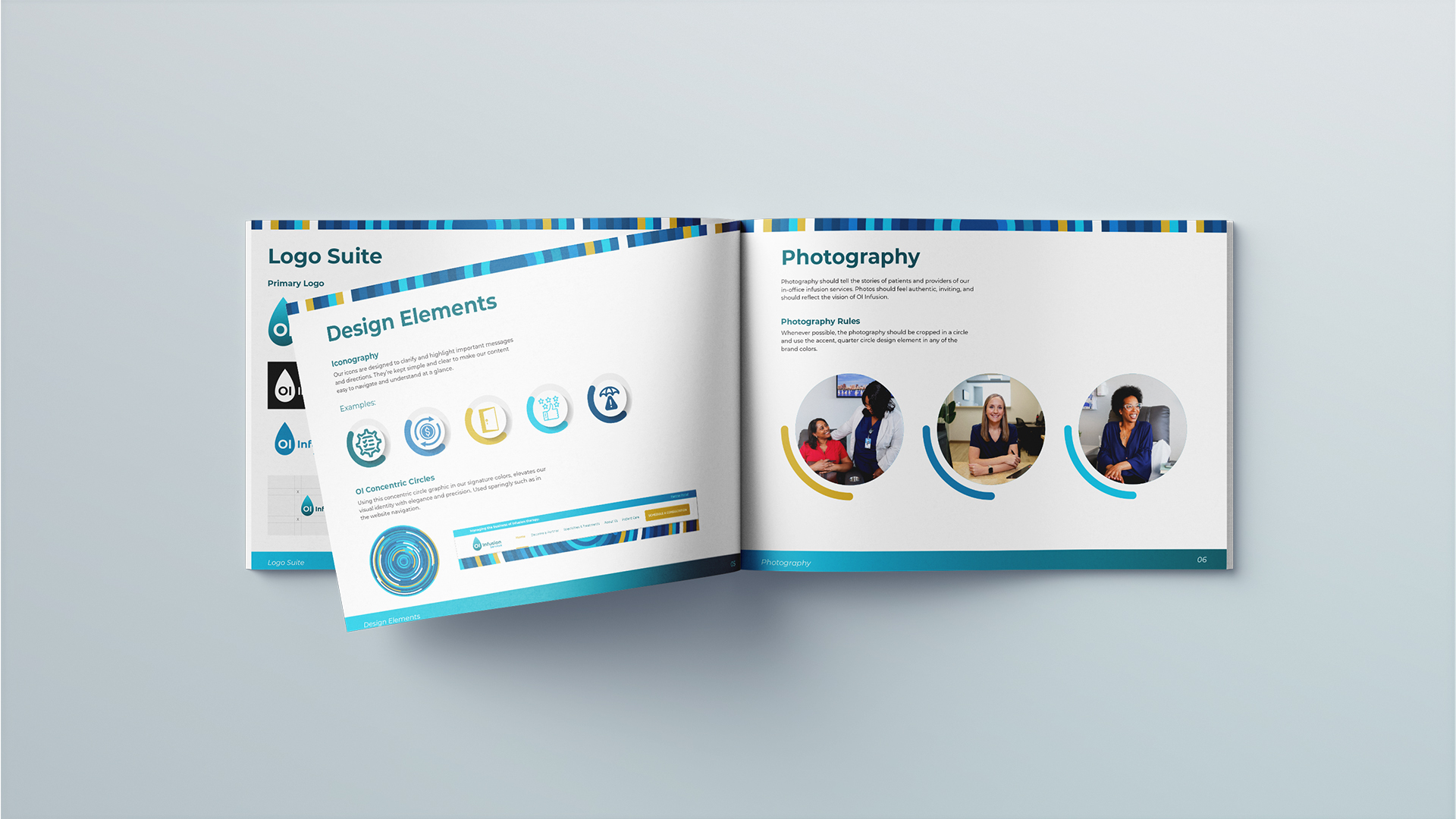 An open brochure displaying two pages. The left page features the title "Logo Suite" with icons and design elements. The right page is titled "Photography" and shows images of people, alongside accompanying text. The design is primarily blue and white.