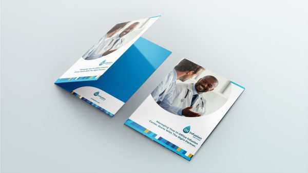 A brochure displaying images of smiling doctors in lab coats, with text about healthcare services. It has a blue and white color scheme with a water droplet logo. The brochure is open showing both the front and backside.