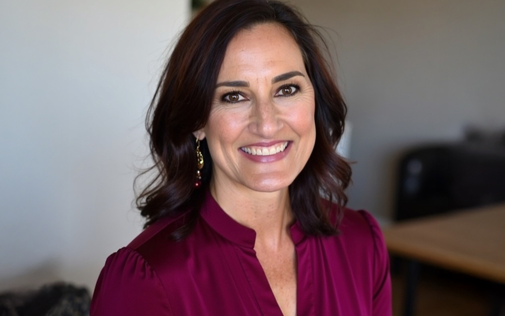 A woman with medium-length dark brown hair and light skin smiles at the camera. She is wearing a burgundy blouse and gold earrings, sitting indoors with a blurred background.
