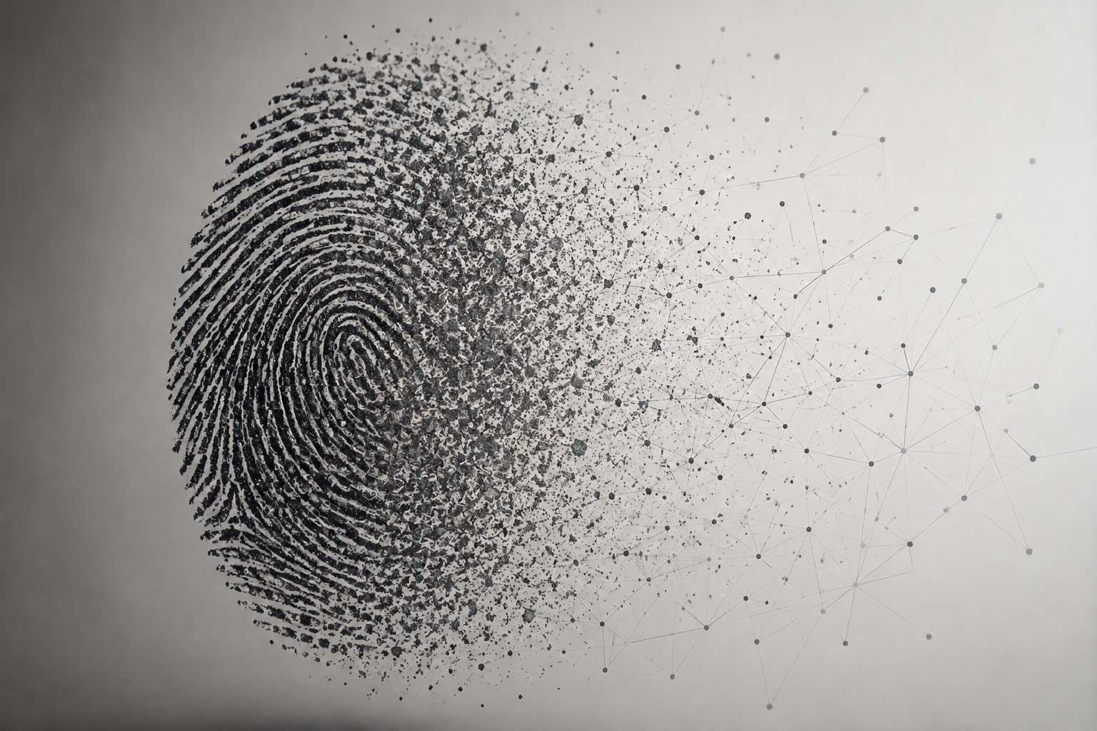A black fingerprint on a light background gradually dissolves into scattered dots and connecting lines, creating a transition from a solid print on the left to an abstract, digital network on the right.