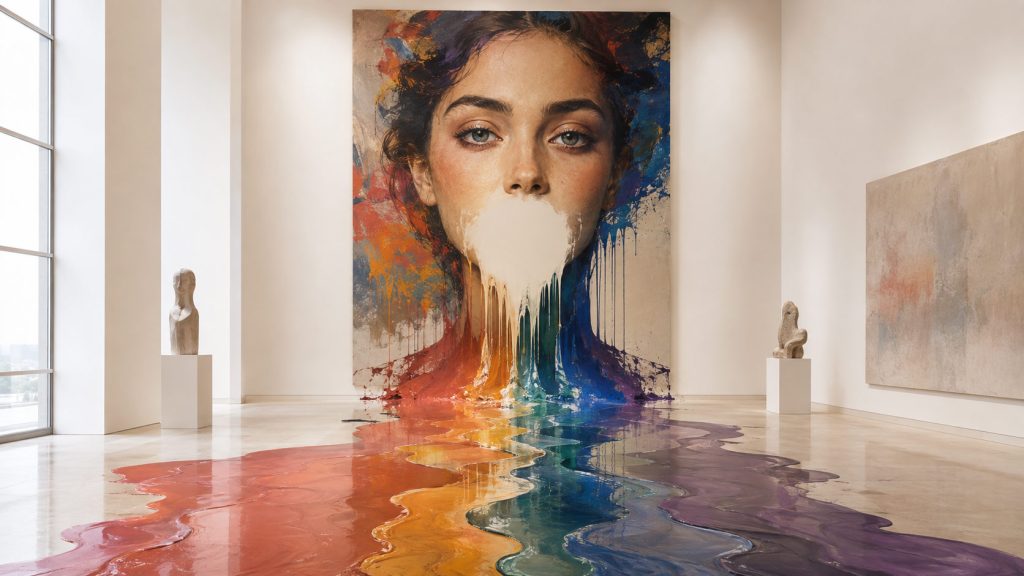 A large painting of a woman’s face with paint dripping from her mouth creates a colorful stream across a gallery floor. Sculptures and other artwork are visible in the bright, modern space.