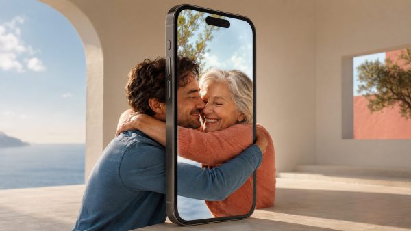An older woman and a younger man hug, separated by a smartphone standing upright. The phone’s screen seamlessly continues the scene, blending their embrace across real life and digital space. They appear to be in a sunny, outdoor setting.