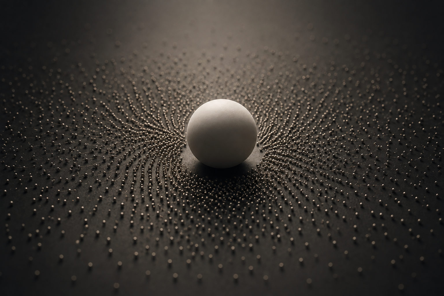 A white sphere sits in the center of a dark surface, surrounded by small metallic balls arranged in swirling, spiral patterns radiating outward from the sphere.