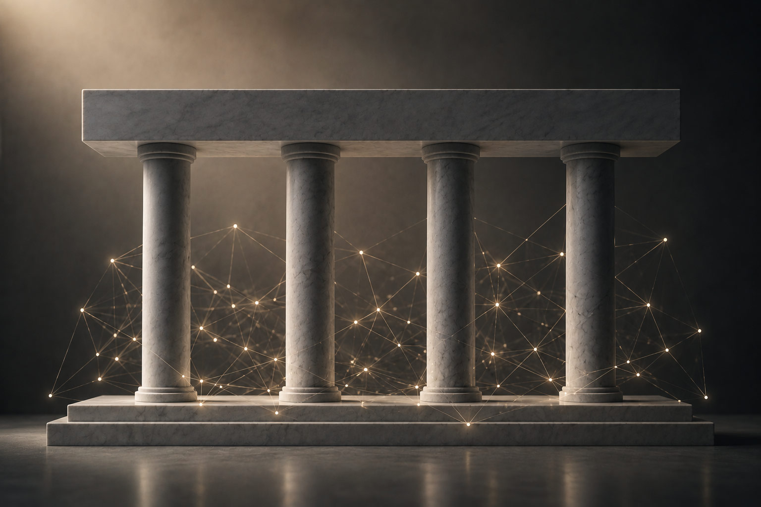 A marble structure with four columns stands on a dark surface. Lines and glowing nodes connect the columns, forming a network-like pattern. Light shines from the upper left, casting shadows and highlighting the columns.