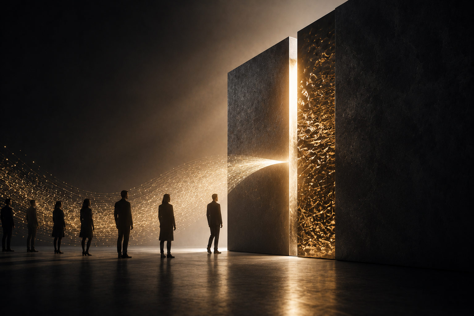 Several silhouetted figures stand in a dark space, facing a large, glowing doorway that emits golden light and abstract patterns. The scene has a mysterious and surreal atmosphere.