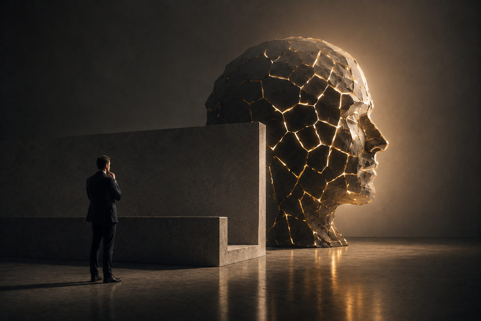 A man in a suit stands before a large, cracked human head sculpture emitting light from within, set in a dimly lit, minimalist room with concrete walls and reflective floor.