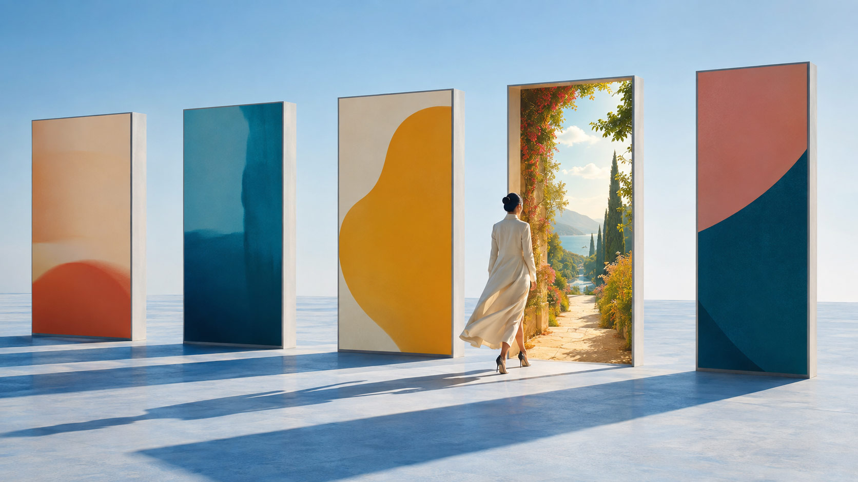 A woman in a light coat walks toward an open doorway showing a bright, lush landscape. Four painted abstract panels stand beside the door on a reflective blue surface under a clear sky.