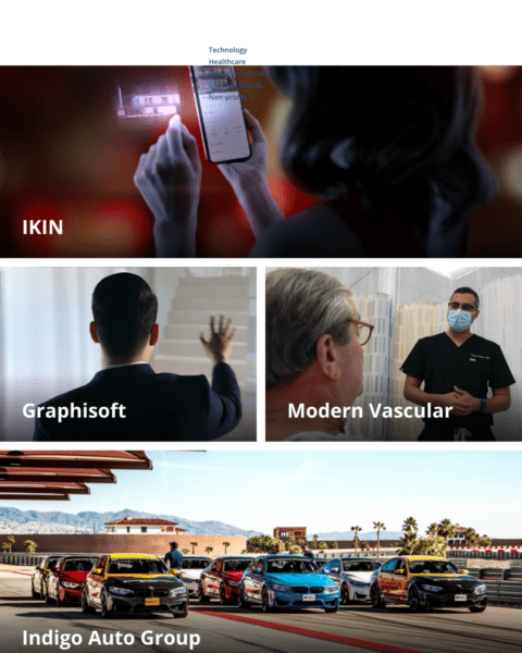 A collage of four images: a person holding a phone with the IKIN logo; a person giving a presentation labeled Graphisoft; a medical professional talking to a patient labeled Modern Vascular; a row of cars under the Indigo Auto Group label.